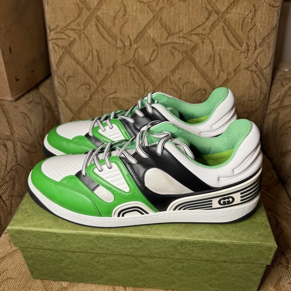 GUCCI Sneakers Men's UK 15 Basket Style Low Top Shoes Green White DEMETRA $950
